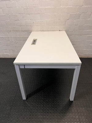 White Office Desk with Integrated Power Module — Signs of Transit Damage – side view