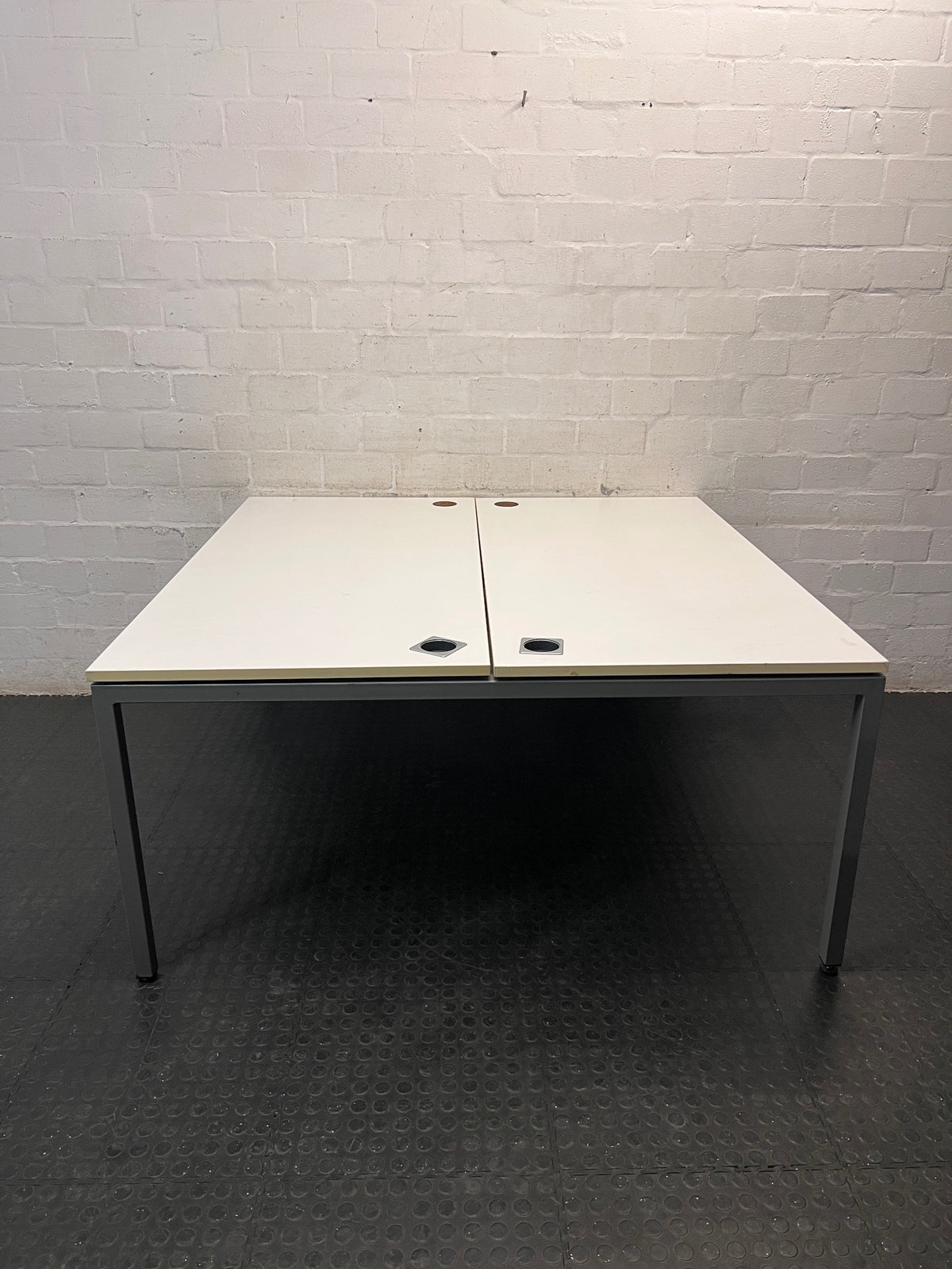 White Four-User Office Workstation with Cable Ports — Fair Condition; Aged Wood Finish – back view