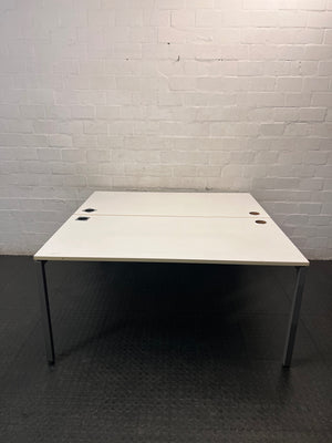 White Four-User Office Workstation with Cable Ports — Fair Condition; Aged Wood Finish – main front view