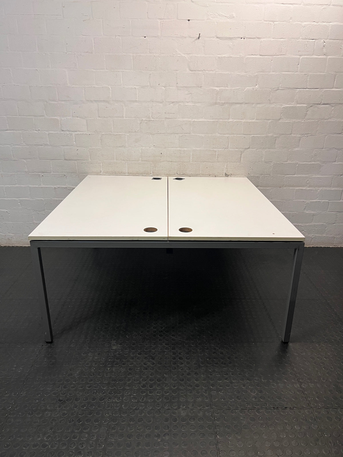 White Four-User Office Workstation with Cable Ports — Fair Condition; Aged Wood Finish – side view