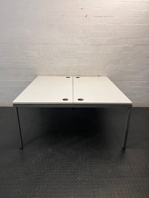 White Four-User Office Workstation with Cable Ports — Fair Condition; Aged Wood Finish – side view