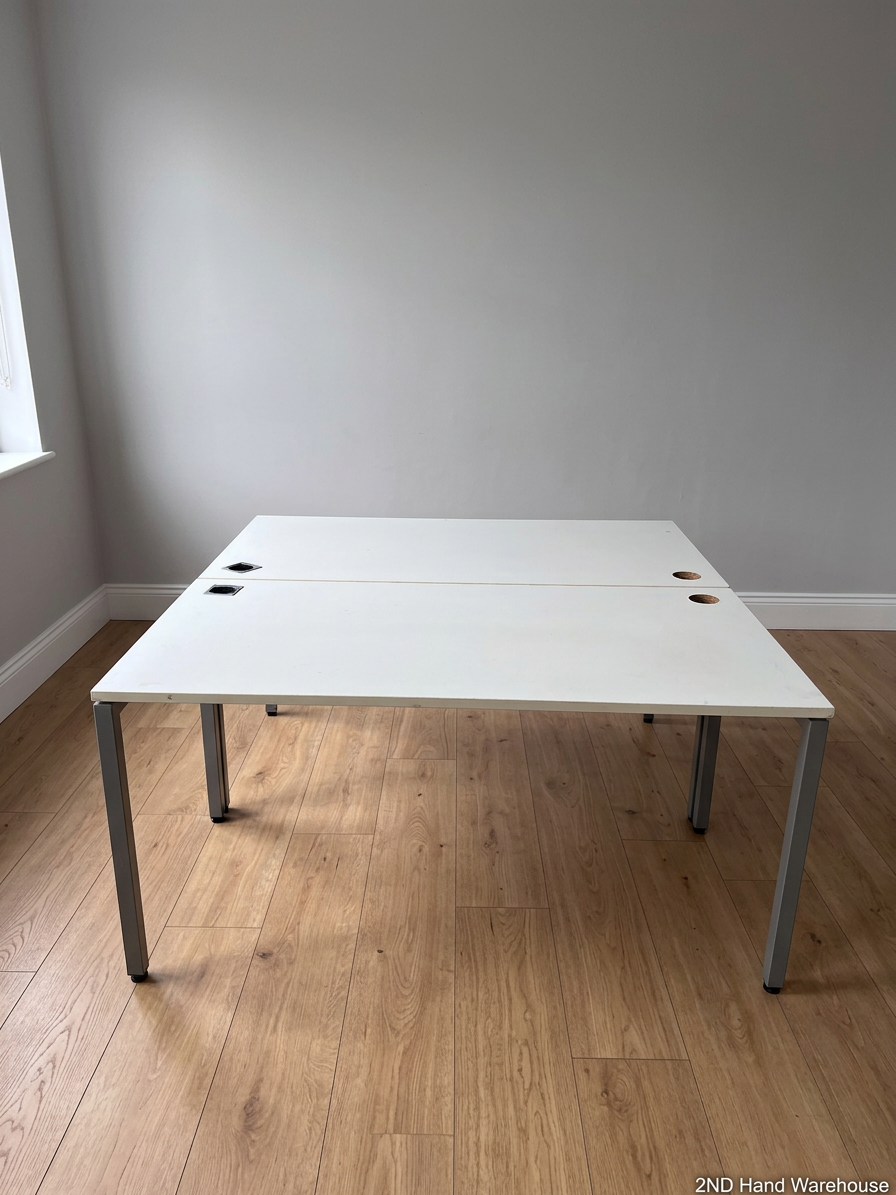 White Four-User Office Workstation with Cable Ports — Fair Condition; Aged Wood Finish – styled product image
