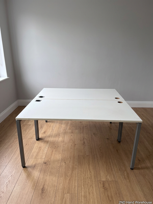 White Four-User Office Workstation with Cable Ports — Fair Condition; Aged Wood Finish – styled product image