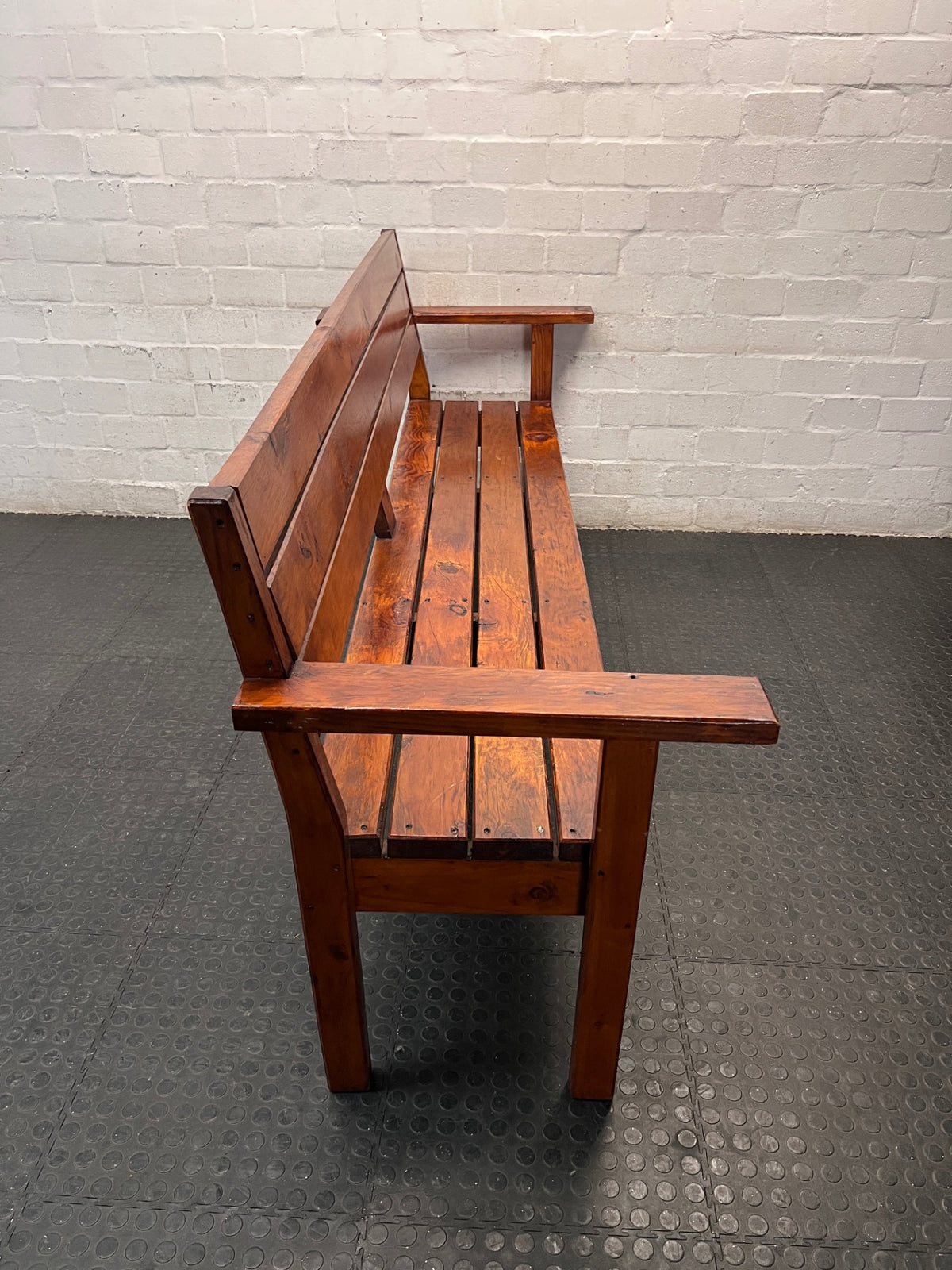 Rustic Brown Wooden Slatted Bench — Good Working Order – back view
