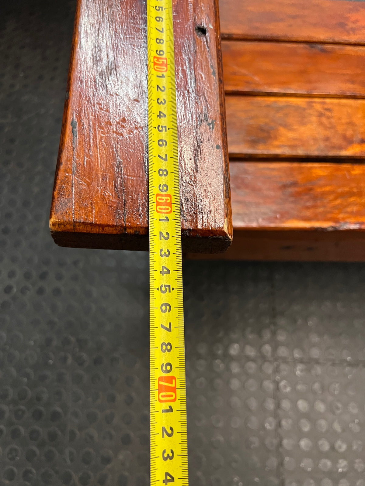 Rustic Brown Wooden Slatted Bench — Good Working Order – depth measurement