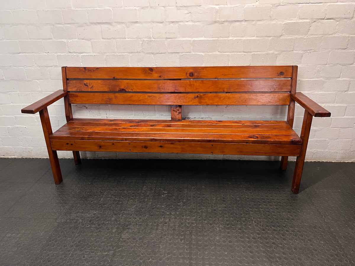 Rustic Brown Wooden Slatted Bench — Good Working Order – main front view