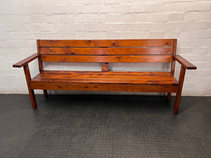 Rustic Brown Wooden Slatted Bench — Good Working Order – main front view