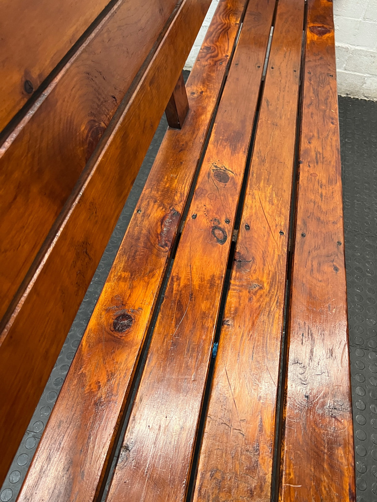 Rustic Brown Wooden Slatted Bench — Good Working Order – top view