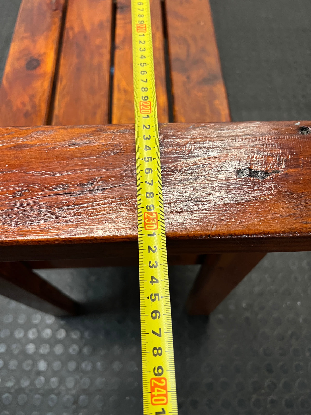 Rustic Brown Wooden Slatted Bench — Good Working Order – width measurement