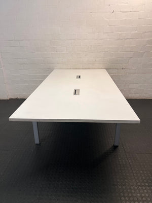 Large White Office Desk with Metal Legs — Fair Condition with Signs of Age – back view