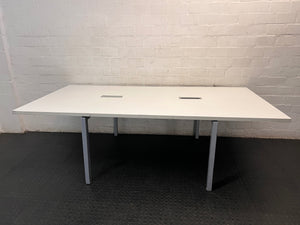 Large White Office Desk with Metal Legs — Fair Condition with Signs of Age – condition detail