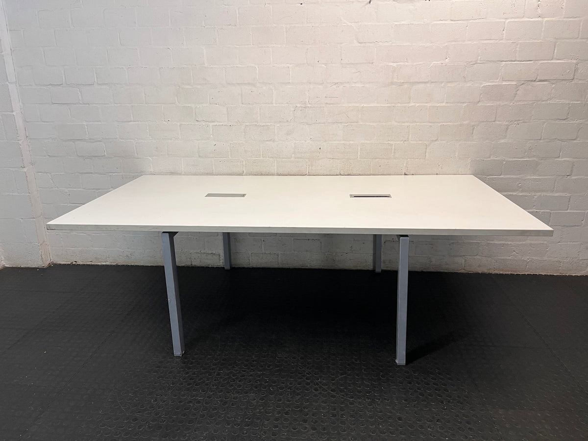 Large White Office Desk with Metal Legs — Fair Condition with Signs of Age – main front view