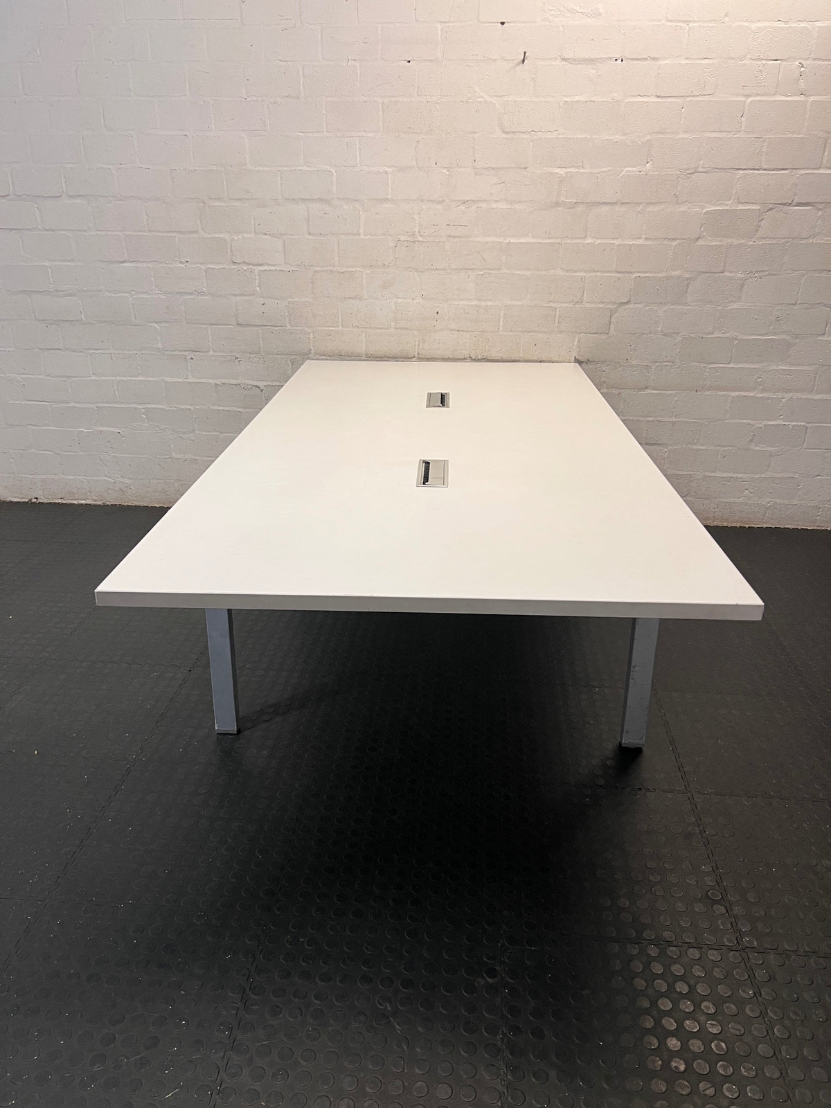 Large White Office Desk with Metal Legs — Fair Condition with Signs of Age – side view