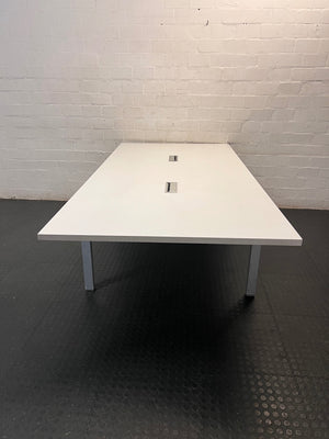 Large White Office Desk with Metal Legs — Fair Condition with Signs of Age – side view