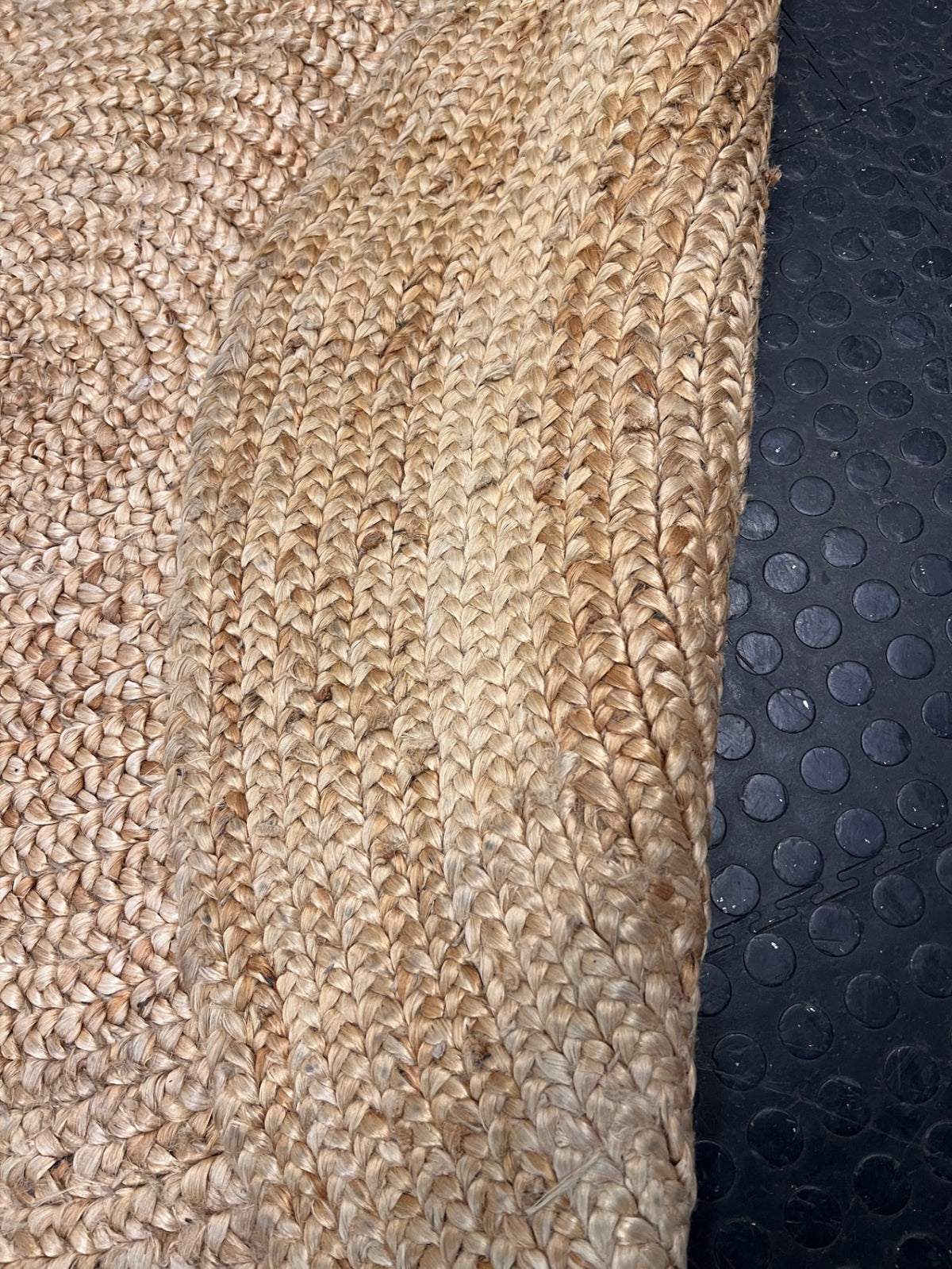 Round Woven Braided Camel Rug — Good Condition – back view