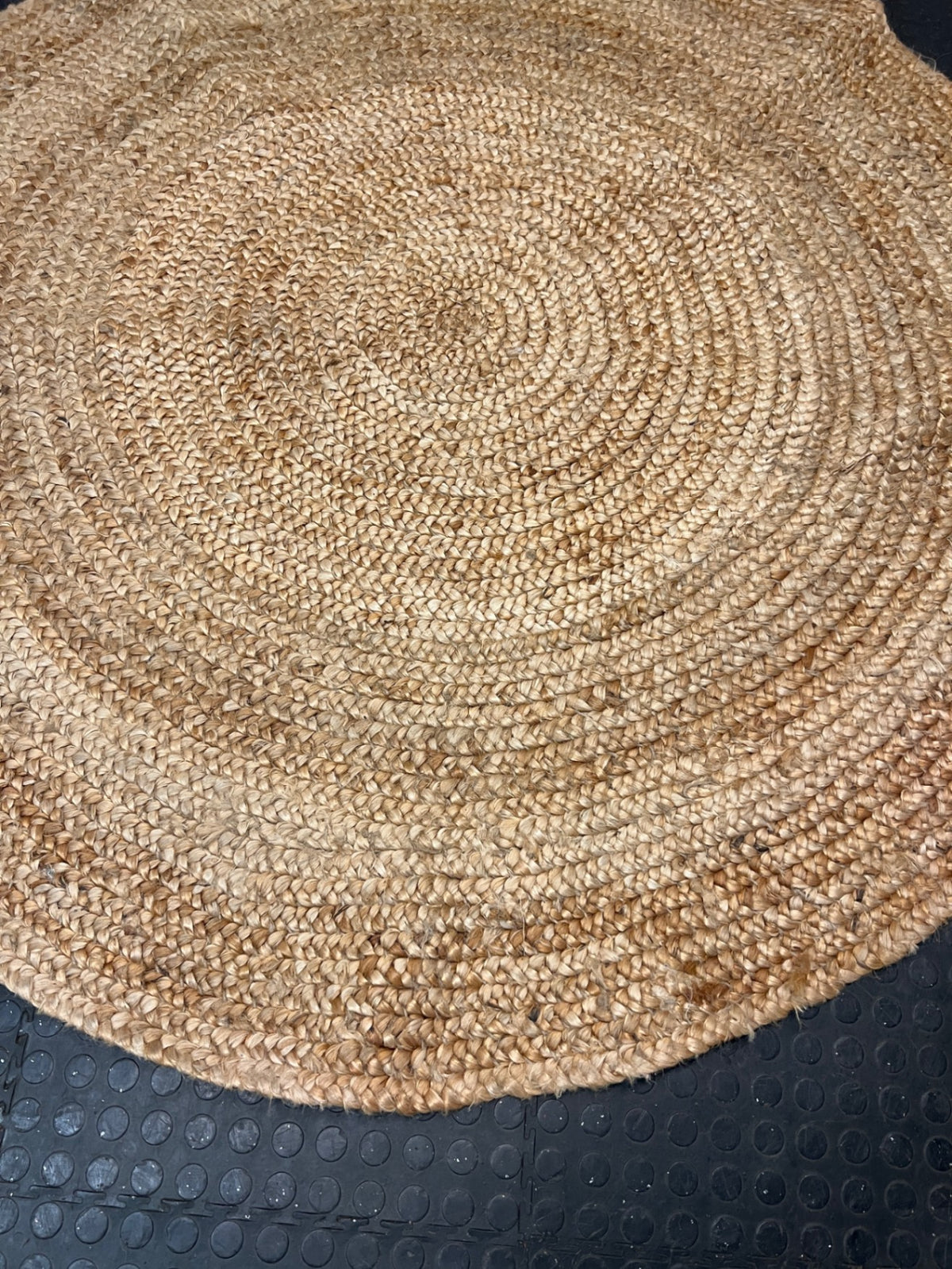 Round Woven Braided Camel Rug — Good Condition – side view
