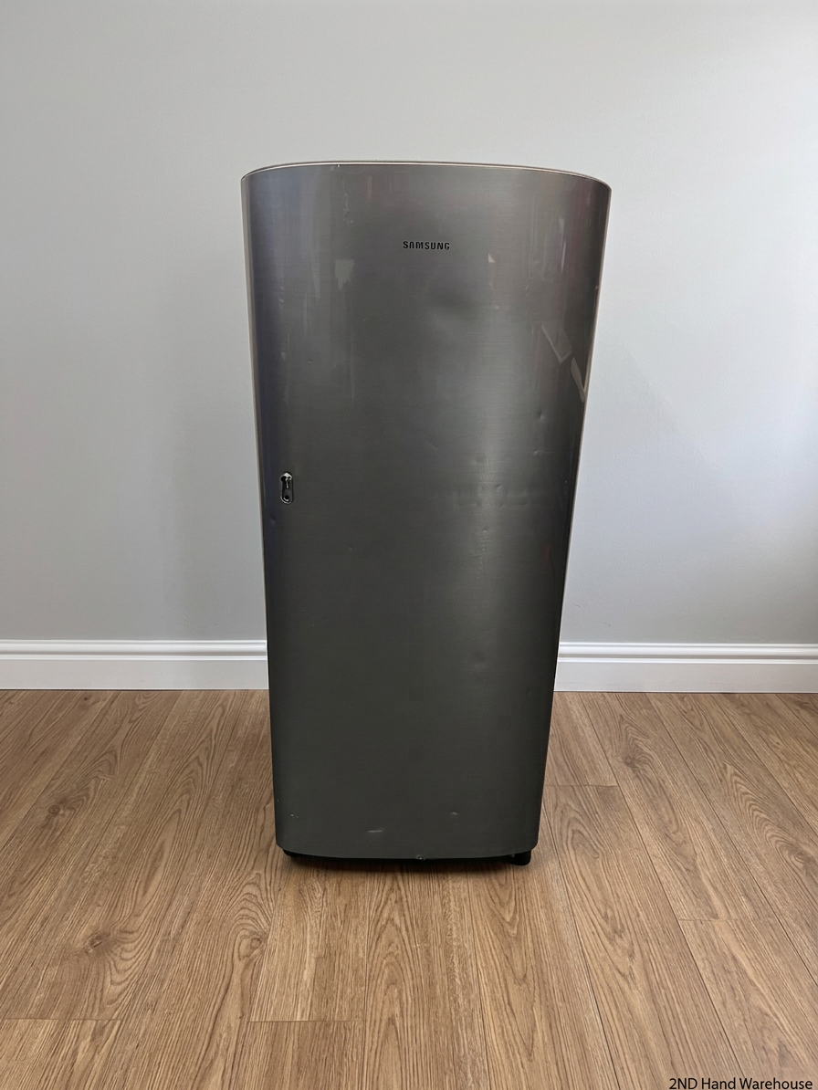 Samsung Silver Single Door Fridge — Working Well with Dents on Door – styled product image