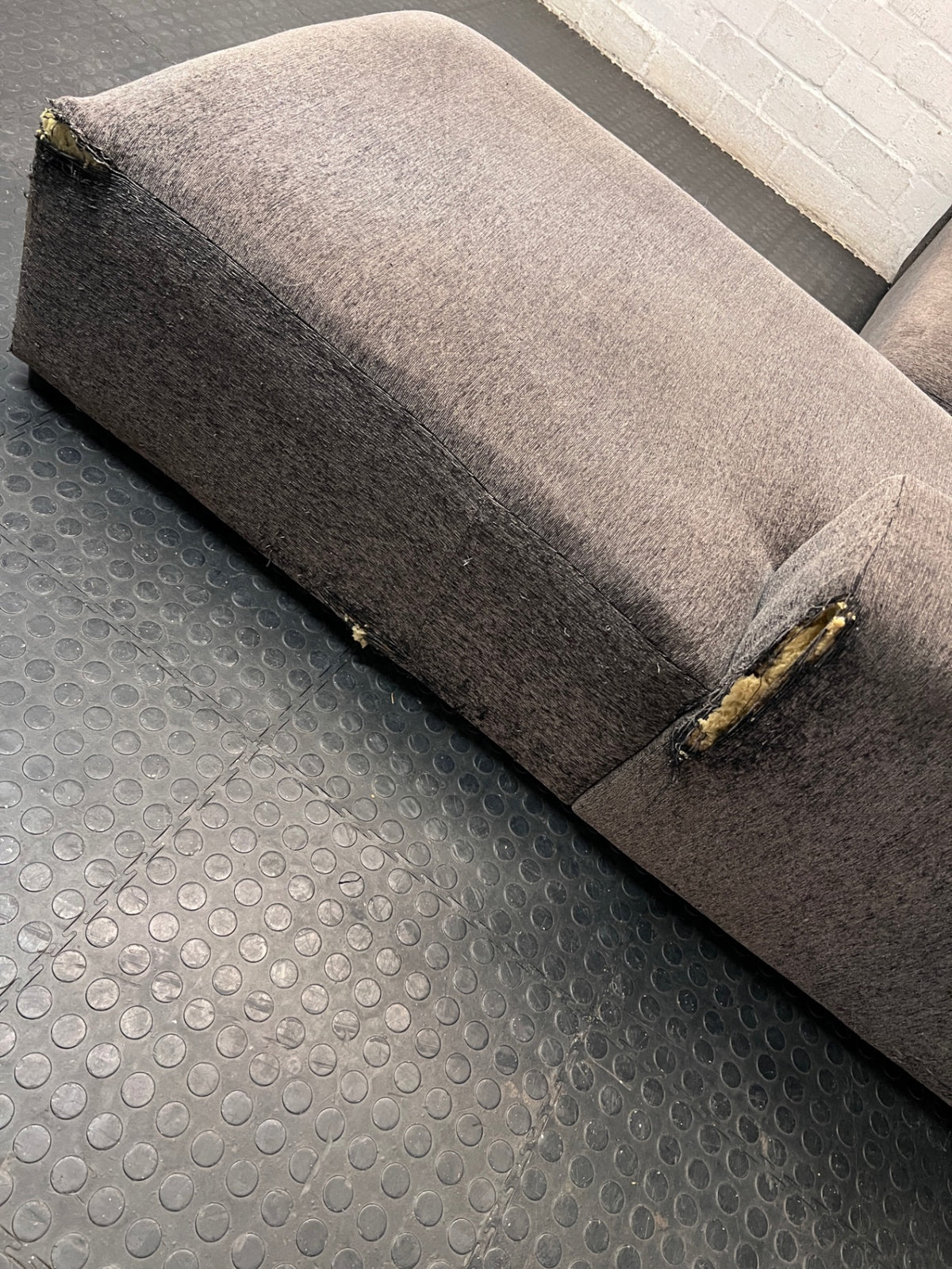 Grey Textured Fabric L-Shape Couch — Damaged and Worn Condition – condition detail