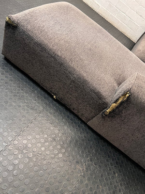 Grey Textured Fabric L-Shape Couch — Damaged and Worn Condition – condition detail
