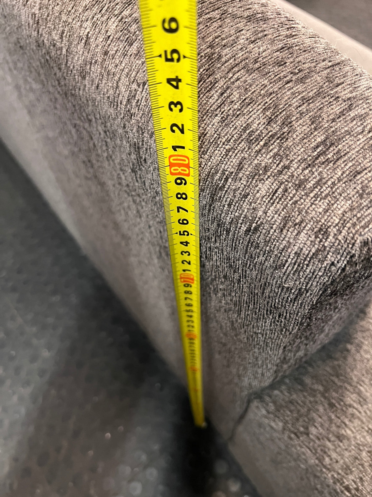 Grey Textured Fabric L-Shape Couch — Damaged and Worn Condition – height measurement