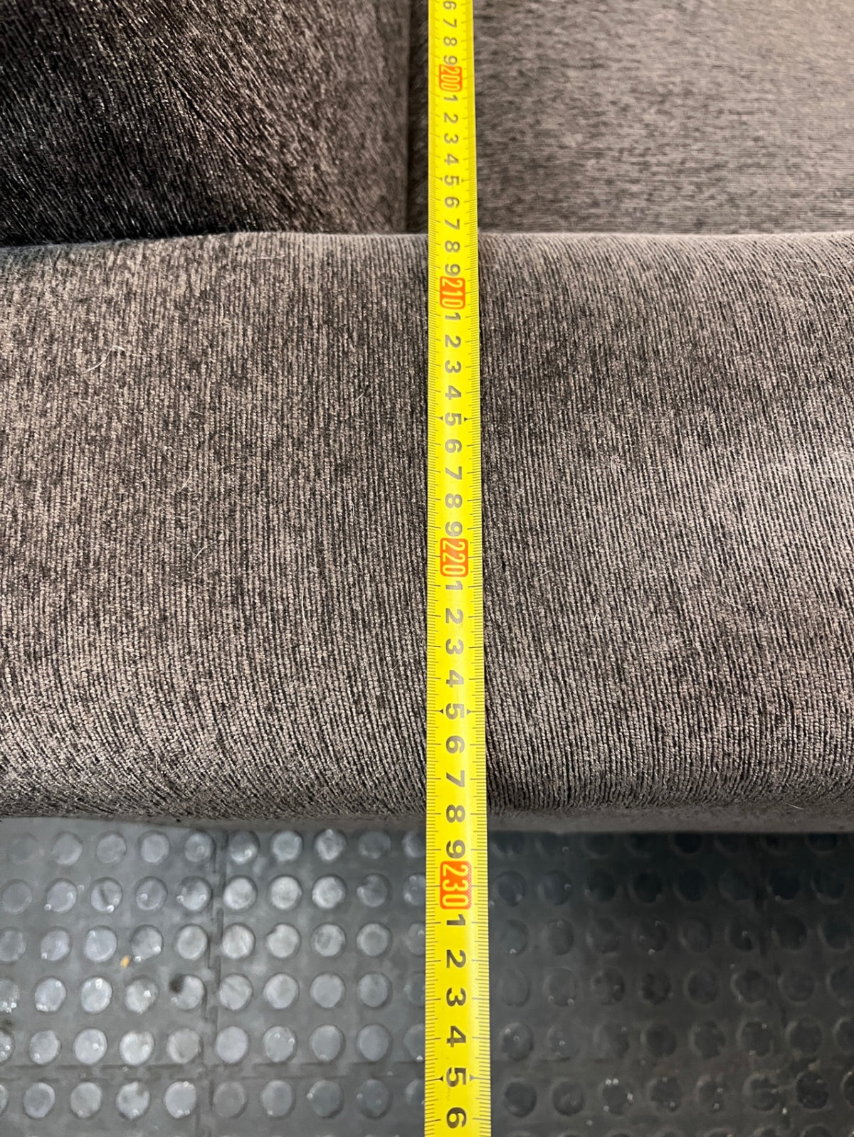 Grey Textured Fabric L-Shape Couch — Damaged and Worn Condition – width measurement