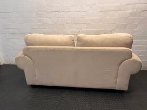 Beige Slouch Style 2 Seater Coricraft Couch — Small Mark on One Cushion – condition detail