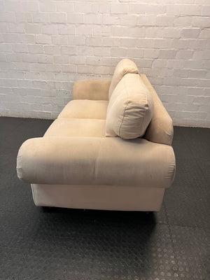 Beige Slouch Style 2 Seater Coricraft Couch — Small Mark on One Cushion – side view