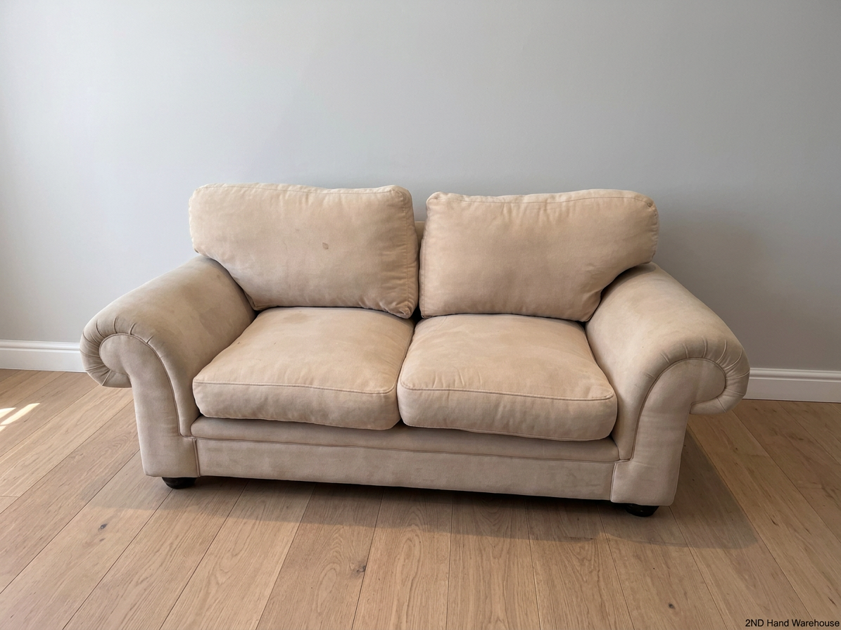 Beige Slouch Style 2 Seater Coricraft Couch — Small Mark on One Cushion – styled product image