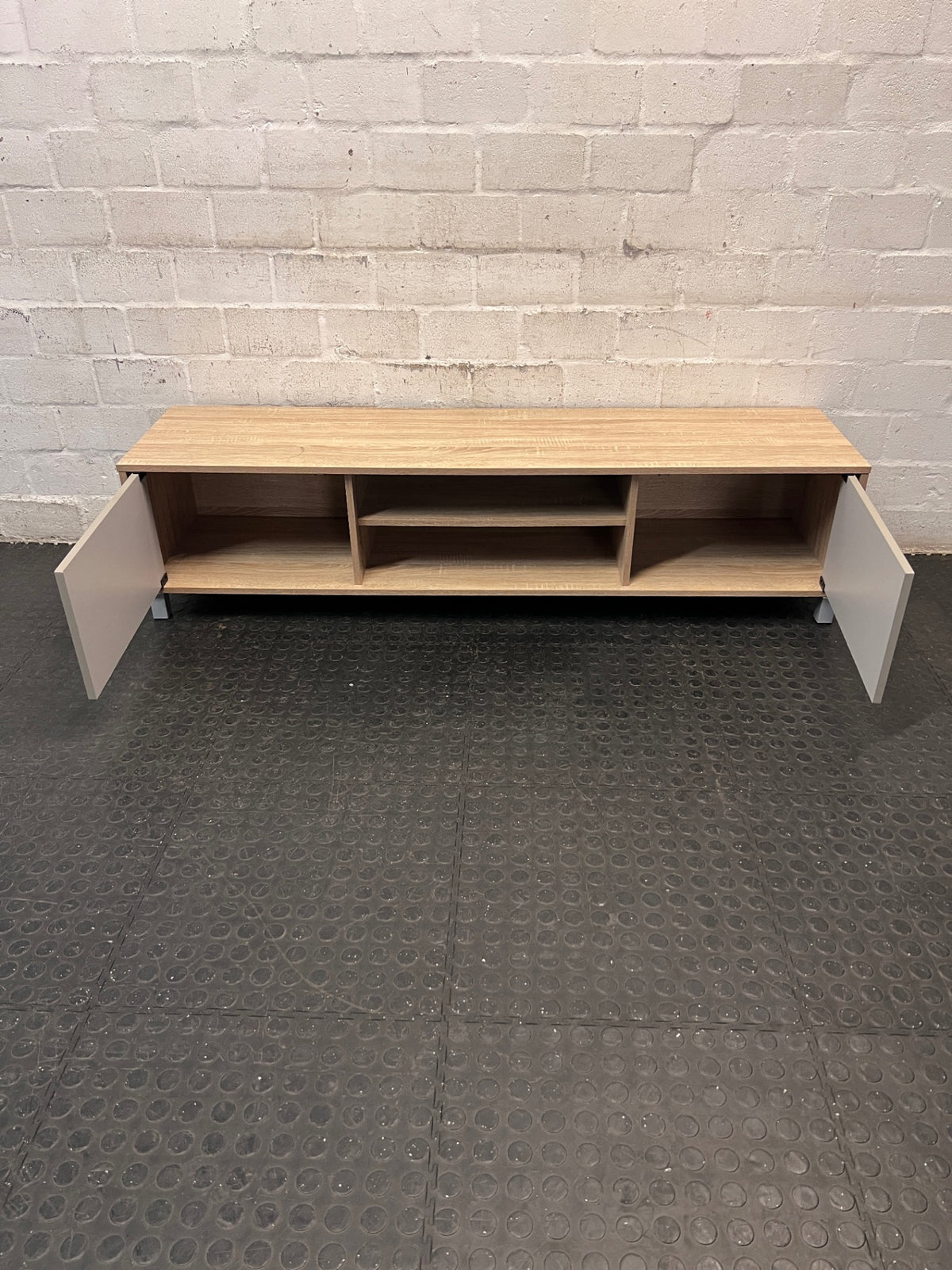 Ally Two Door Light Oak and Grey TV Unit — Surface Wear to Top Panel – side view