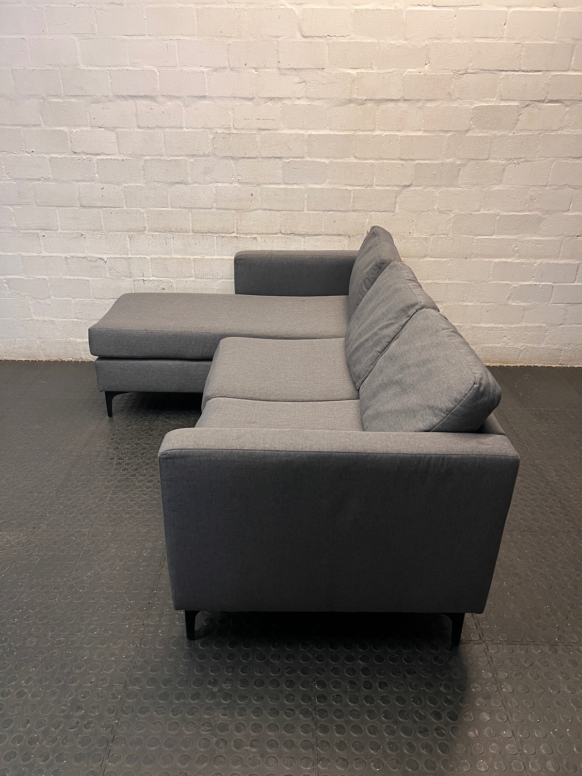 Santino Grey Fabric Fabric Corner Chaise Couch — Fabric Surface Has a Small Coal Burn – side view