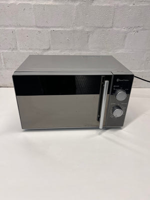 Silver Russell Hobbs Mirror Microwave — Working Well with Slight Surface Rust – main front view