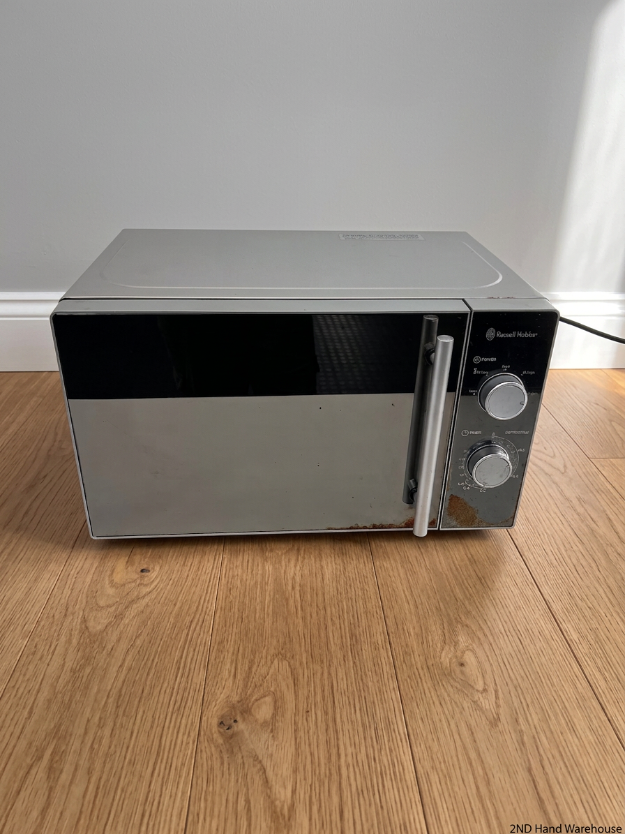 Silver Russell Hobbs Mirror Microwave — Working Well with Slight Surface Rust – styled product image