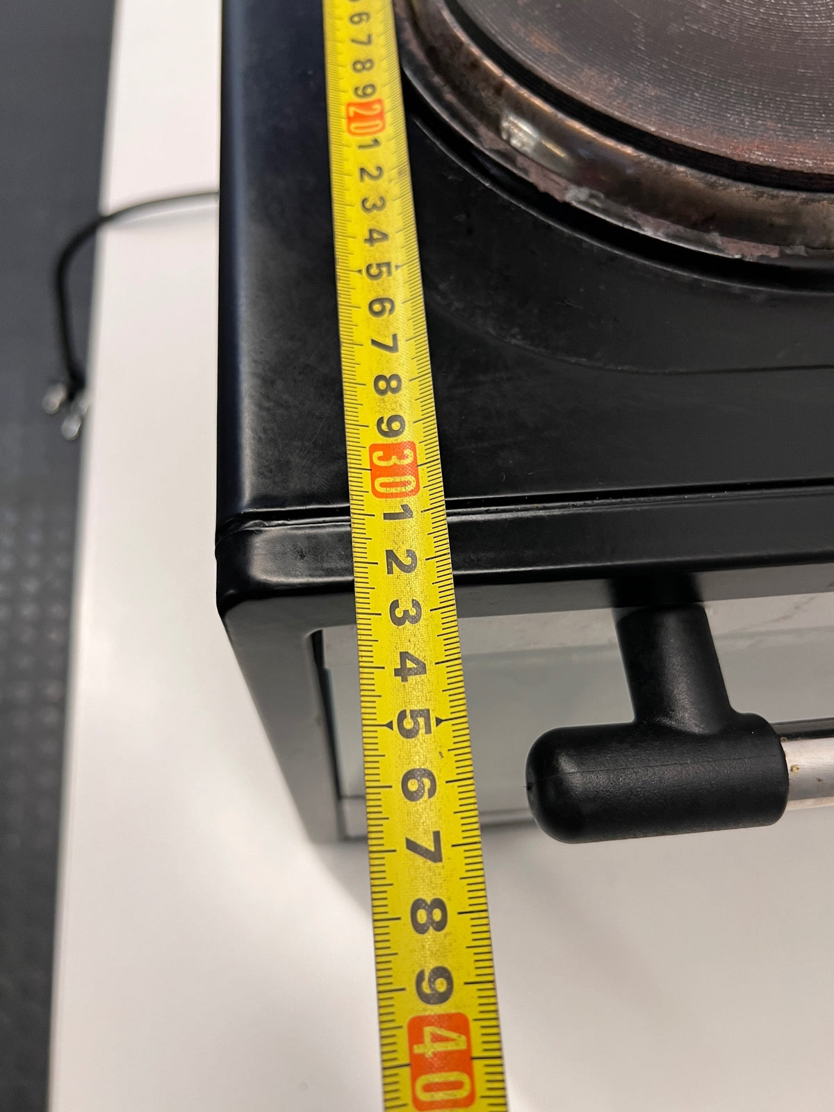 Black Fussion Two-Plate Countertop Stove and Oven — Working Order with Visible Rust – depth measurement