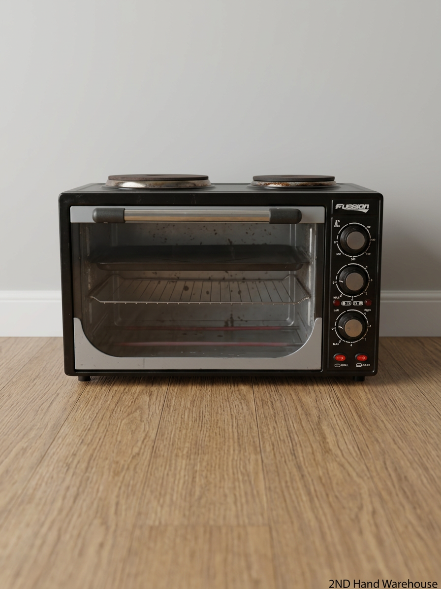 Black Fussion Two-Plate Countertop Stove and Oven — Working Order with Visible Rust – styled product image