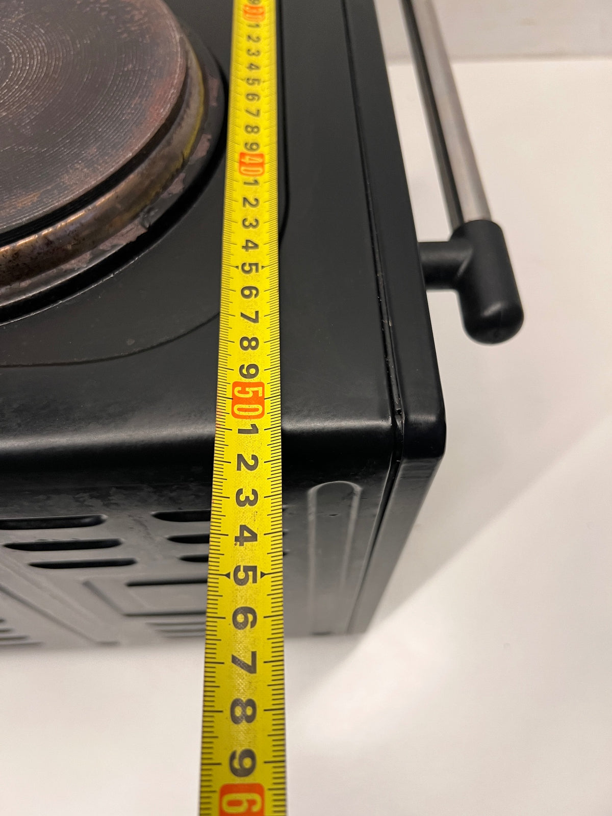 Black Fussion Two-Plate Countertop Stove and Oven — Working Order with Visible Rust – width measurement