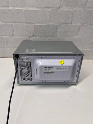 Hisense Silver Countertop Microwave with Mirrored Door — Good Working Order; Used Fair Condition – back view