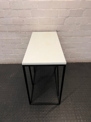 Modern Glass Console Table with Black Geometric Base — Well Used Condition – back view