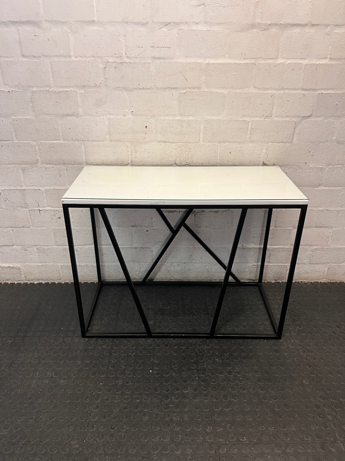 Modern Glass Console Table with Black Geometric Base — Well Used Condition – condition detail