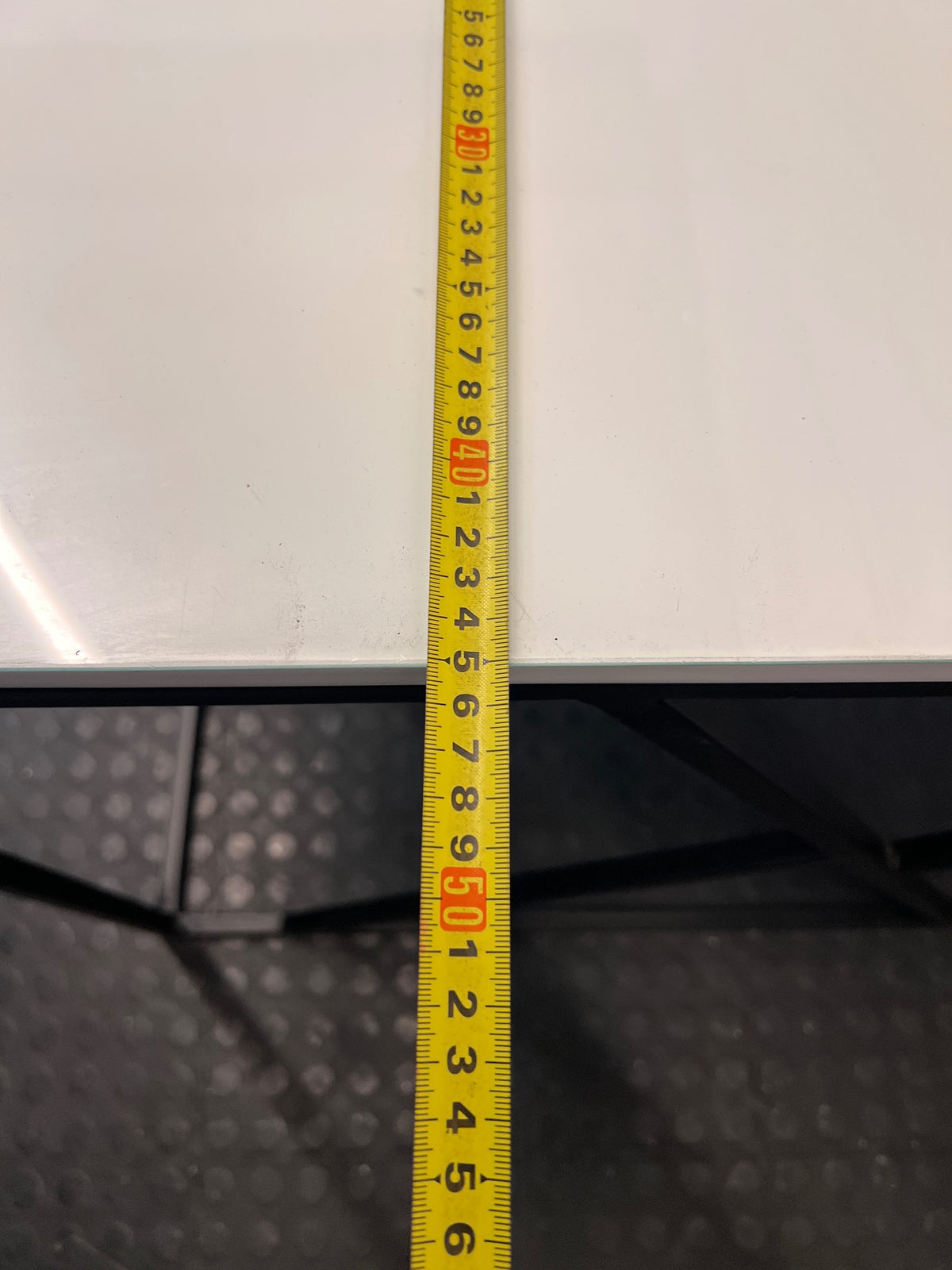 Modern Glass Console Table with Black Geometric Base — Well Used Condition – depth measurement