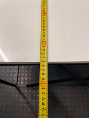 Modern Glass Console Table with Black Geometric Base — Well Used Condition – depth measurement
