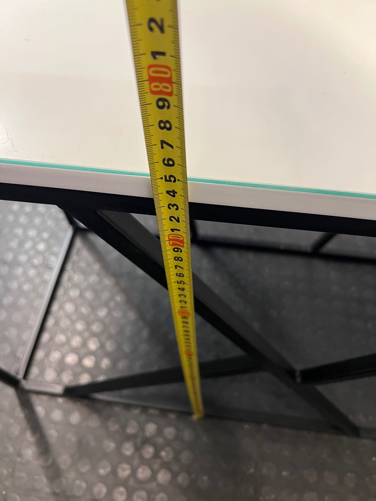 Modern Glass Console Table with Black Geometric Base — Well Used Condition – height measurement