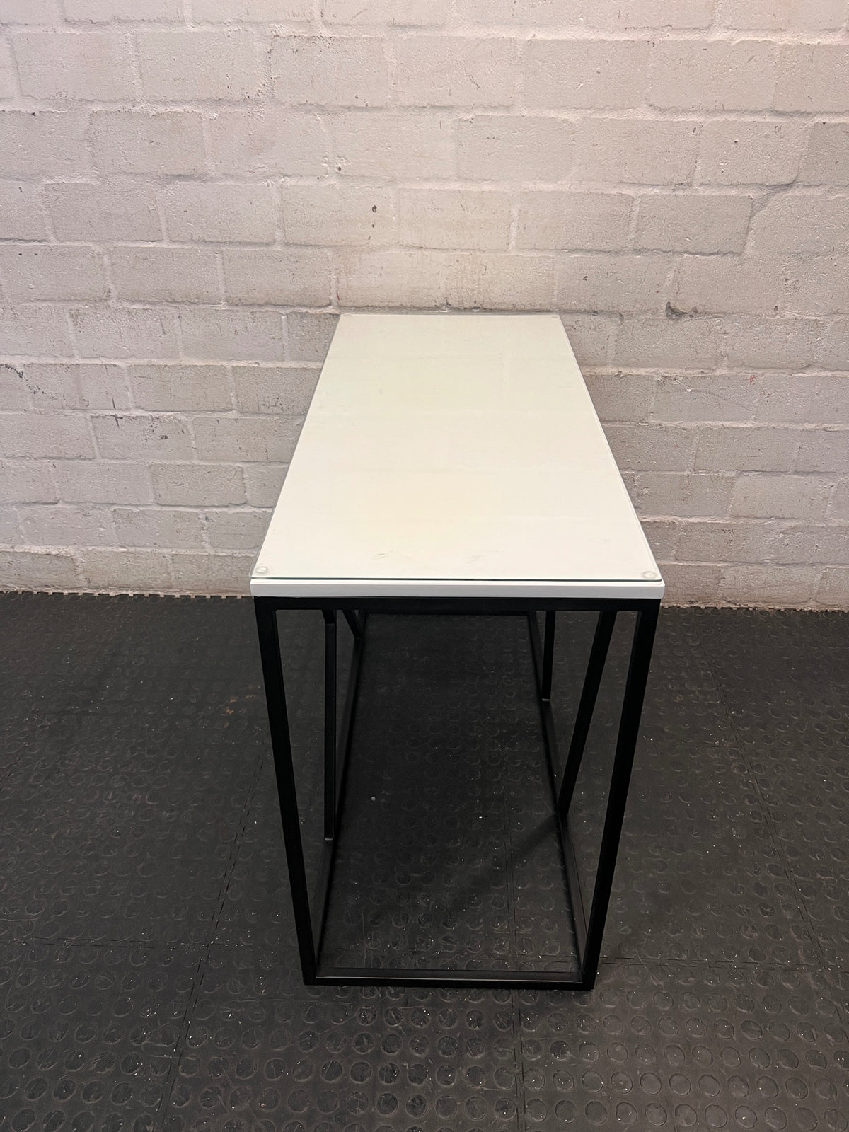 Modern Glass Console Table with Black Geometric Base — Well Used Condition – side view