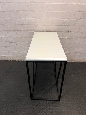 Modern Glass Console Table with Black Geometric Base — Well Used Condition – side view