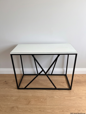 Modern Glass Console Table with Black Geometric Base — Well Used Condition – styled product image