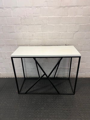 Modern Glass Console Table with Black Geometric Base — Well Used Condition – top view