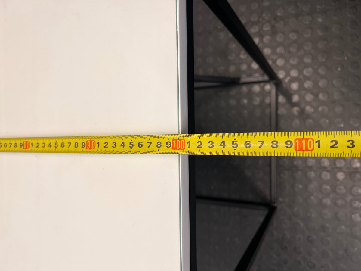 Modern Glass Console Table with Black Geometric Base — Well Used Condition – width measurement