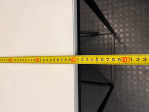 Modern Glass Console Table with Black Geometric Base — Well Used Condition – width measurement