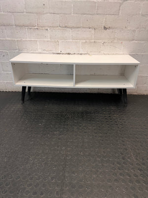 Low-Profile White TV Unit with Tapered Legs — Fair Condition With Visible Wear – back view