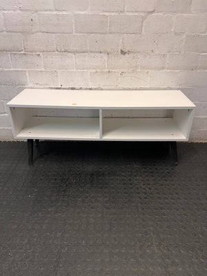 Low-Profile White TV Unit with Tapered Legs — Fair Condition With Visible Wear – side view