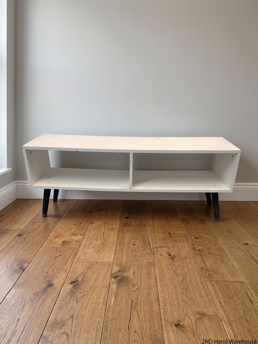 Low-Profile White TV Unit with Tapered Legs — Fair Condition With Visible Wear – styled product image